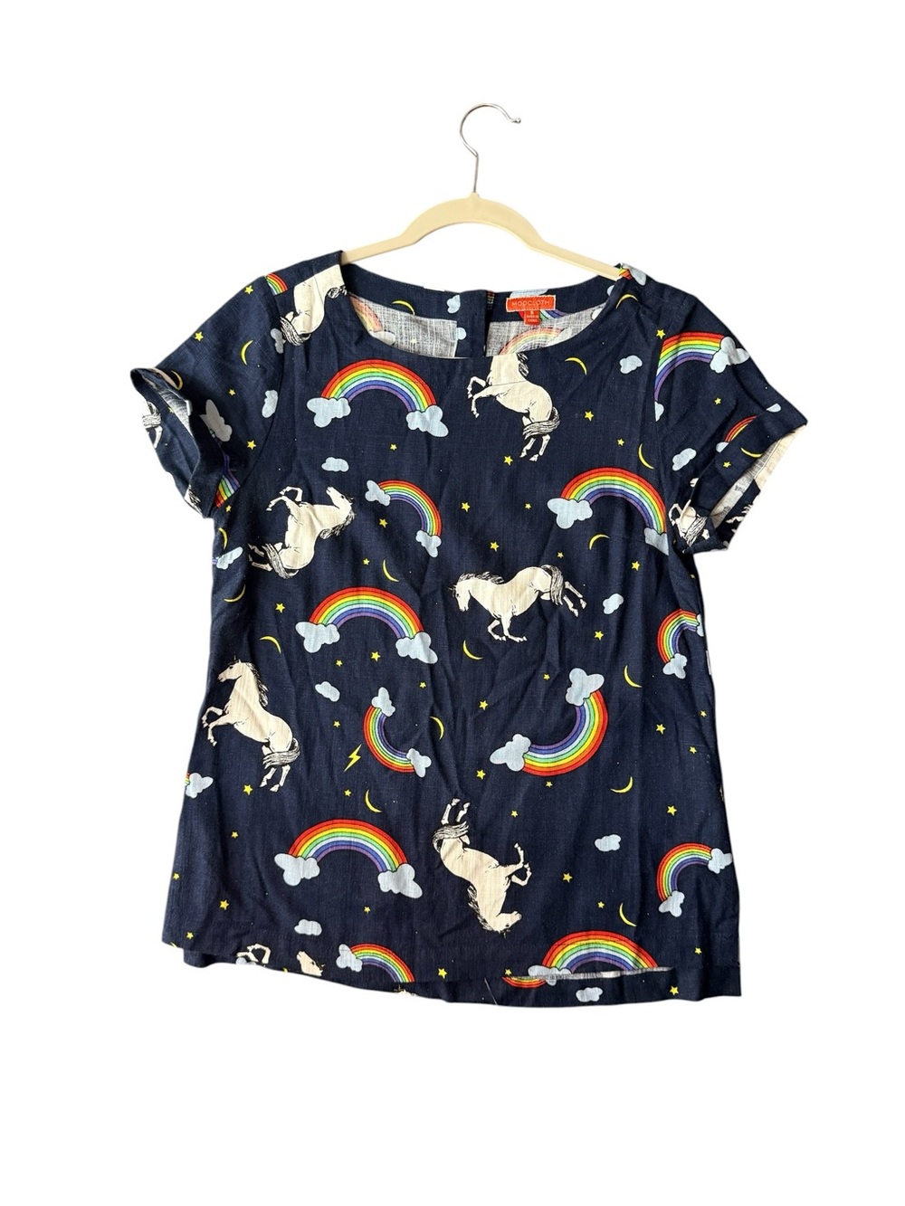 ModCloth Rainbow Unicorn Print Linen Blend Boxy Top Women’s Small Navy - Picture 6 of 13